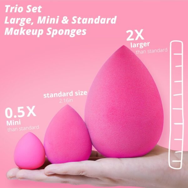 Trio Set Large, Mini and Standard Makeup Sponges with Soft and Bouncy Touch, Beauty Sponges Blender in Rose Pink for Powder, Cream and Liquid Blending