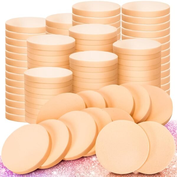 100 PCS Nude Round Makeup Sponge, Cosmetic Sponge Round Foam Pad Eye Facial Powder Puff, Beauty Makeup Foundation Powder Blender for Women Lady All Skin Types Wet and Dry Dual Use