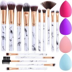 Professional Makeup Brushes Set 16PCS Marble Handle with 4PCs Sponge Blenders Foundation Brushes Eyeshadow Brush Lip Brush Silicone Face Mask Brush Make Up Tool